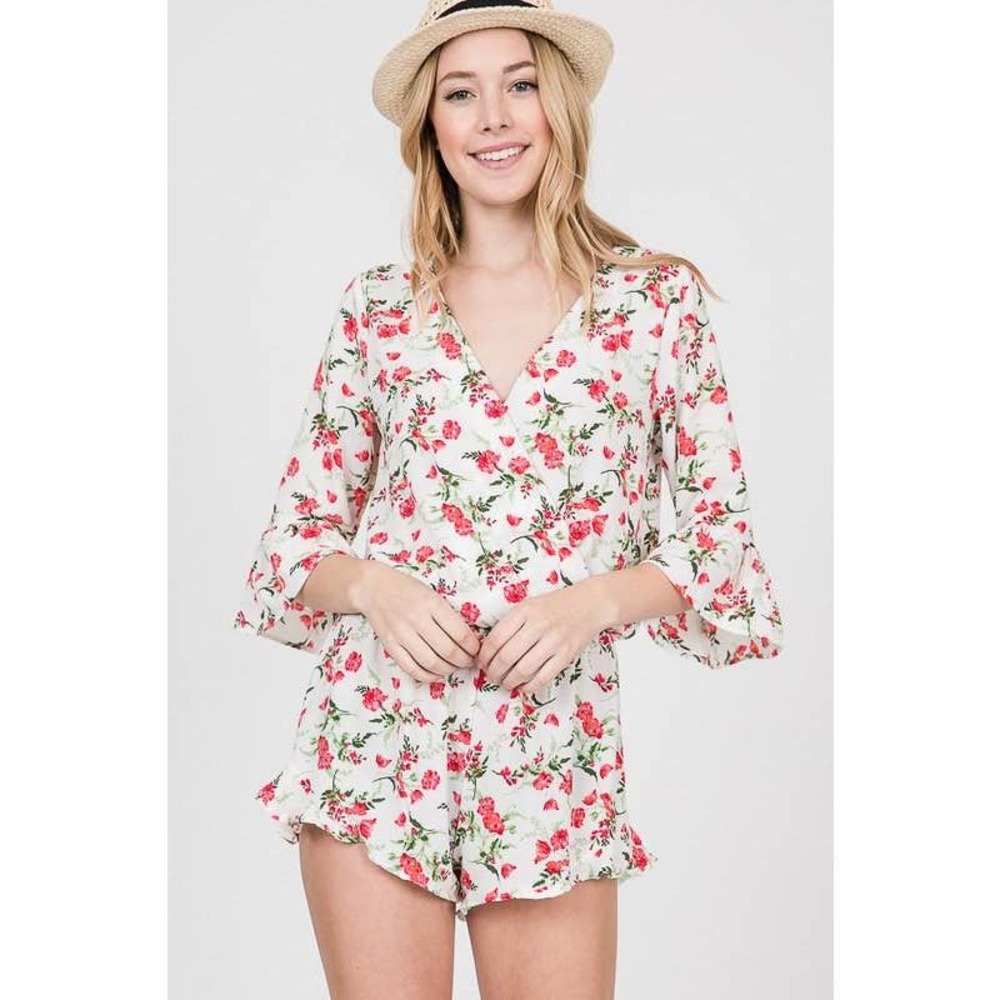 Red Lolly Ivory Bell Sleeve Romper Wrap Blouson Ruffle Shorts Jumpsuit - Picture 2 of 15